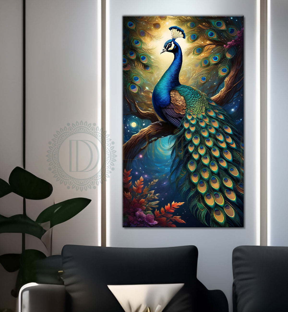 Peacock in front of moon with blue background modern art painting  - Design - Peacock-V-40