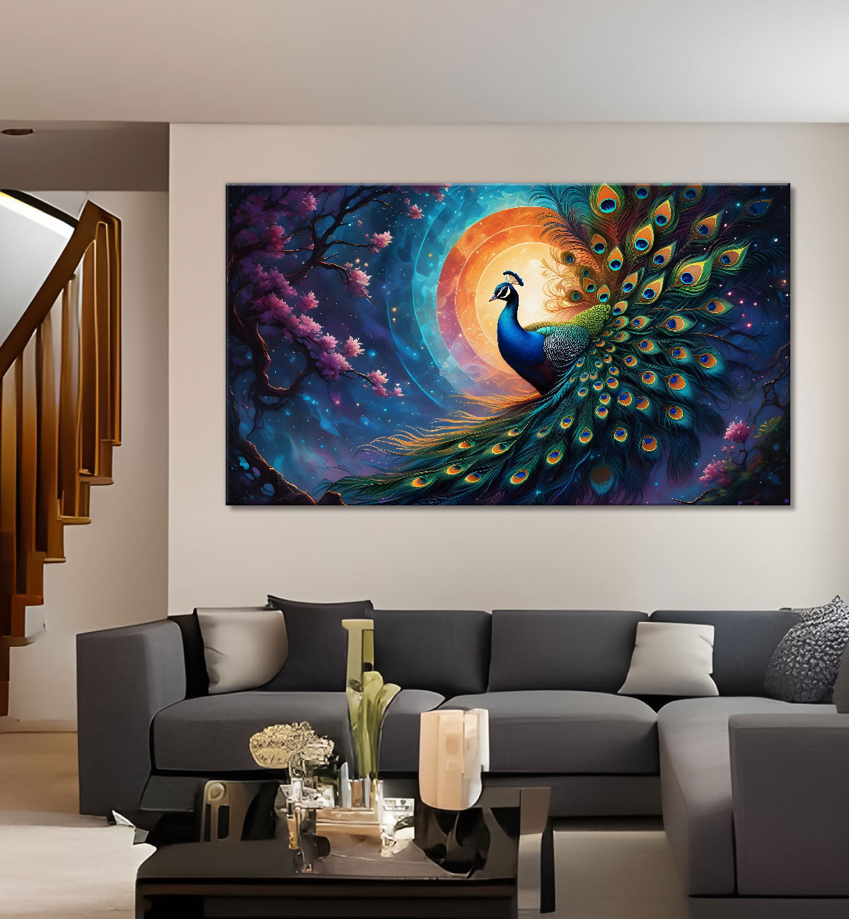 Peacock on pink tree branch painting Canvas Painting - Design - Peacock-40