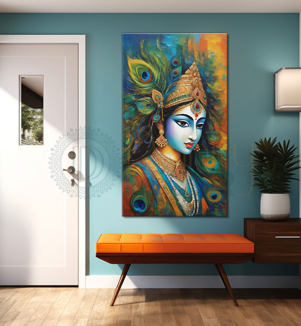 Blue face of krishna in peacock feathers background textured art Canvas Painting - Design - Krishna-V-40