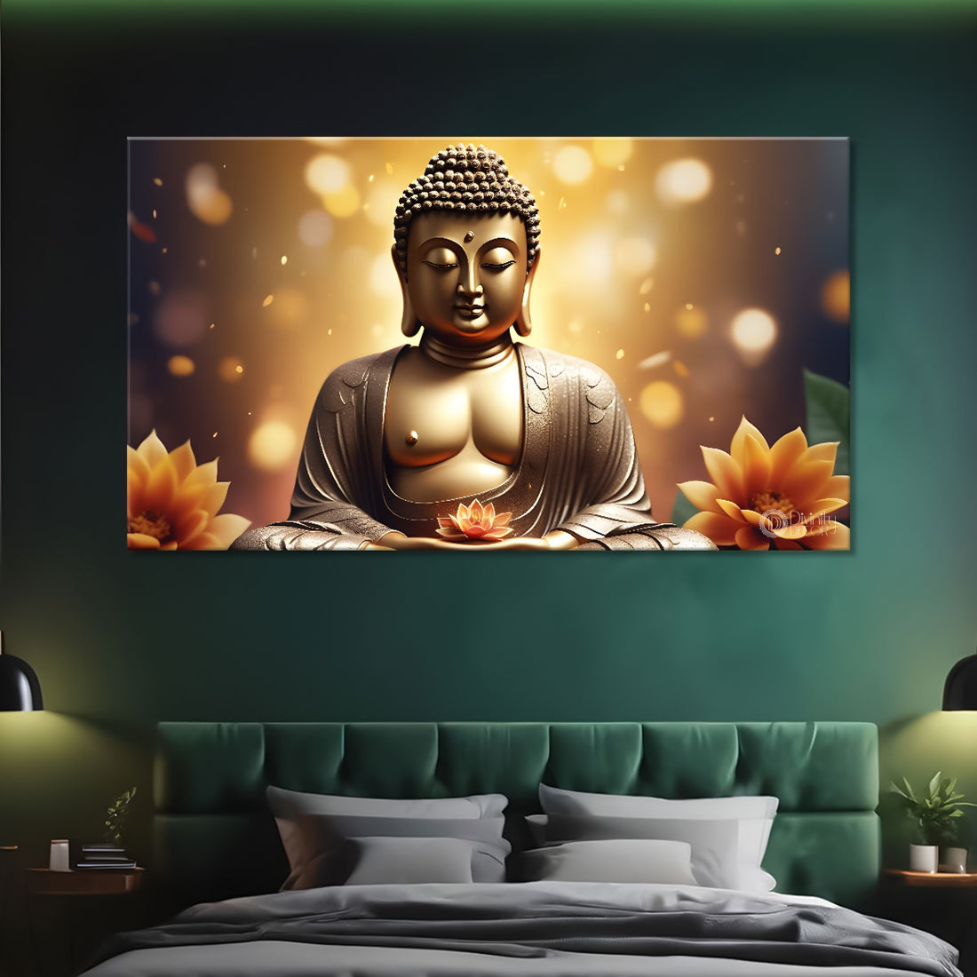 Golden buddha with golden and lotus background textured painting Canvas Wall Painting - Buddha-410