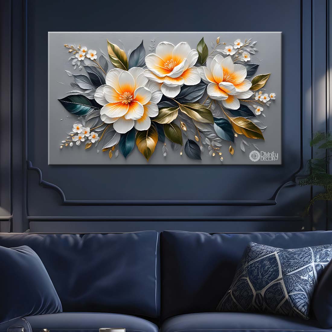White flowers in grey background canvas painting- Flower-410
