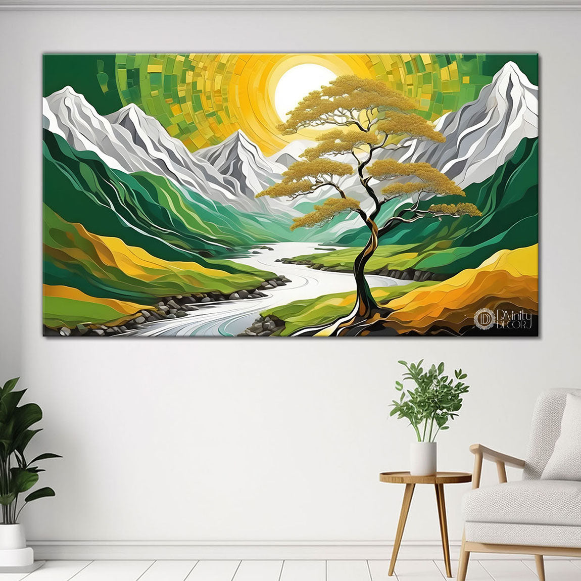 White mountains with sun and tree painting Canvas Painting - Nature Art -410
