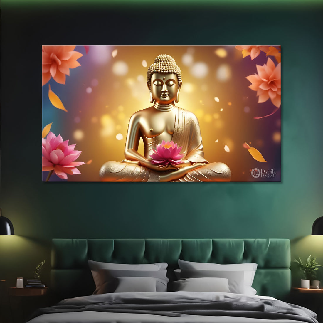 Golden buddha with golden and lotus background textured painting Canvas Wall Painting - Buddha-411
