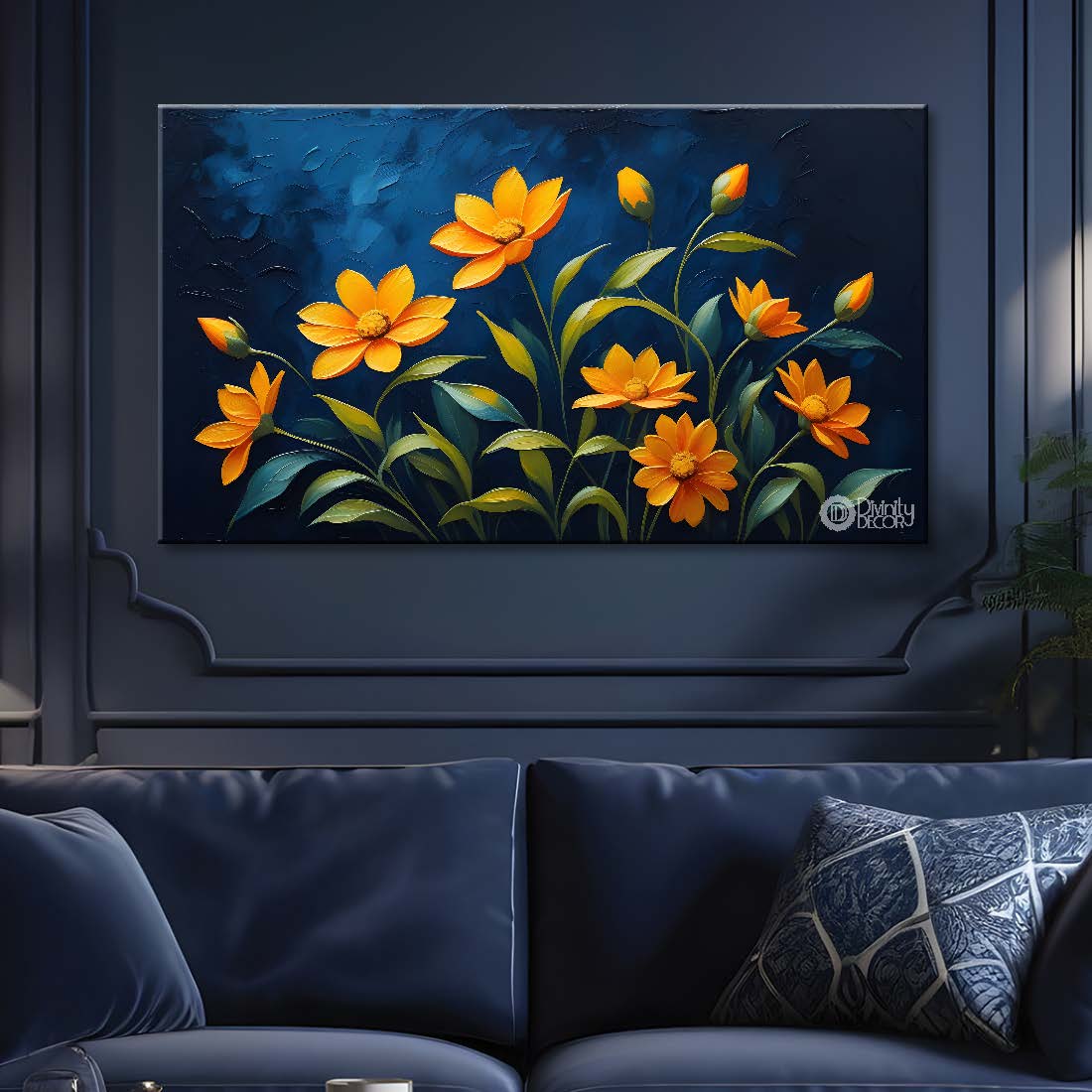 Yellow flowers in navy blue background canvas painting- Flower-411