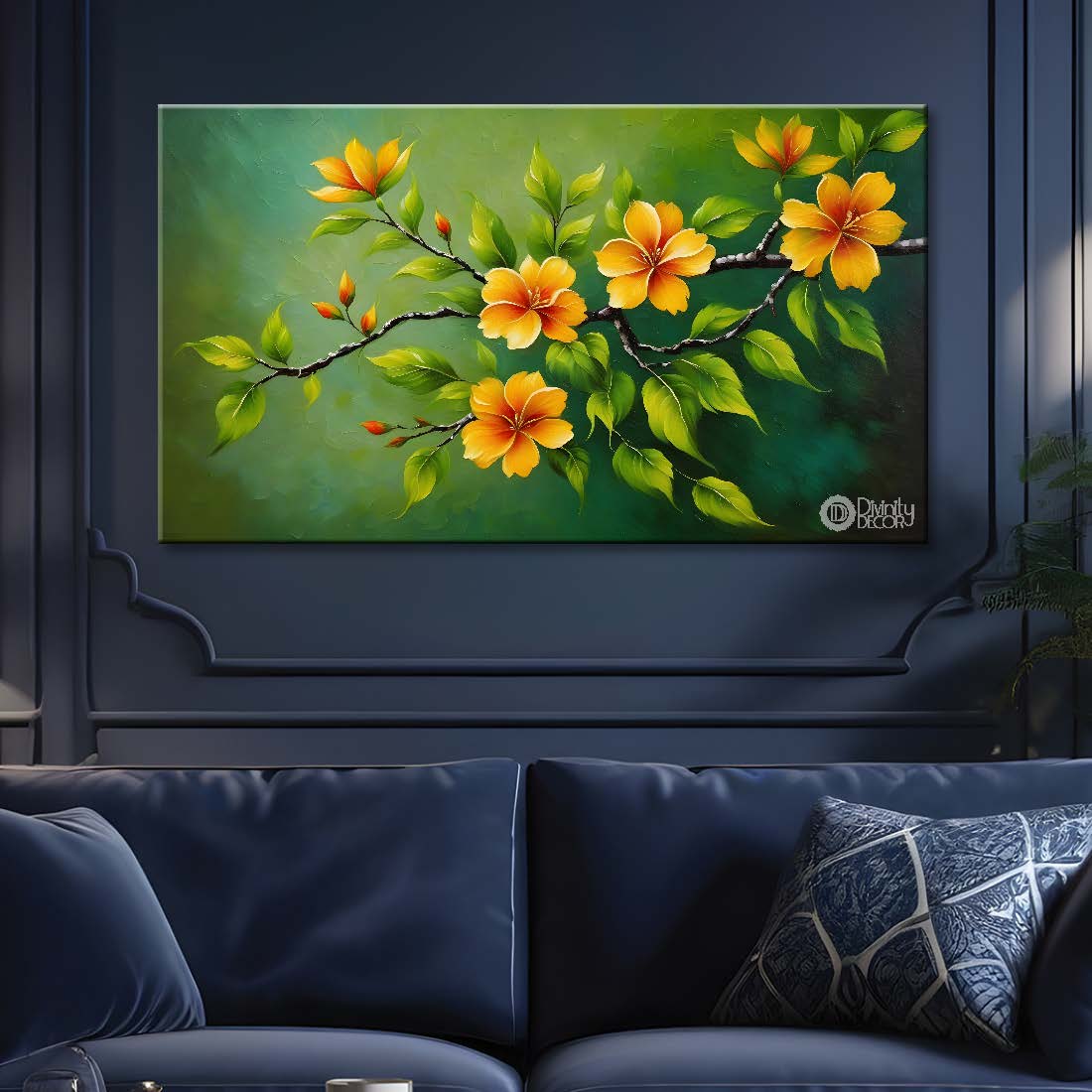 Yellow flowers in green background canvas painting- Flower-412