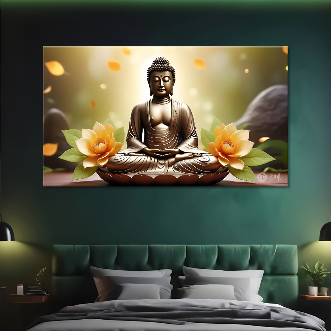 Golden buddha with green and lotus background textured painting Canvas Wall Painting - Buddha-413