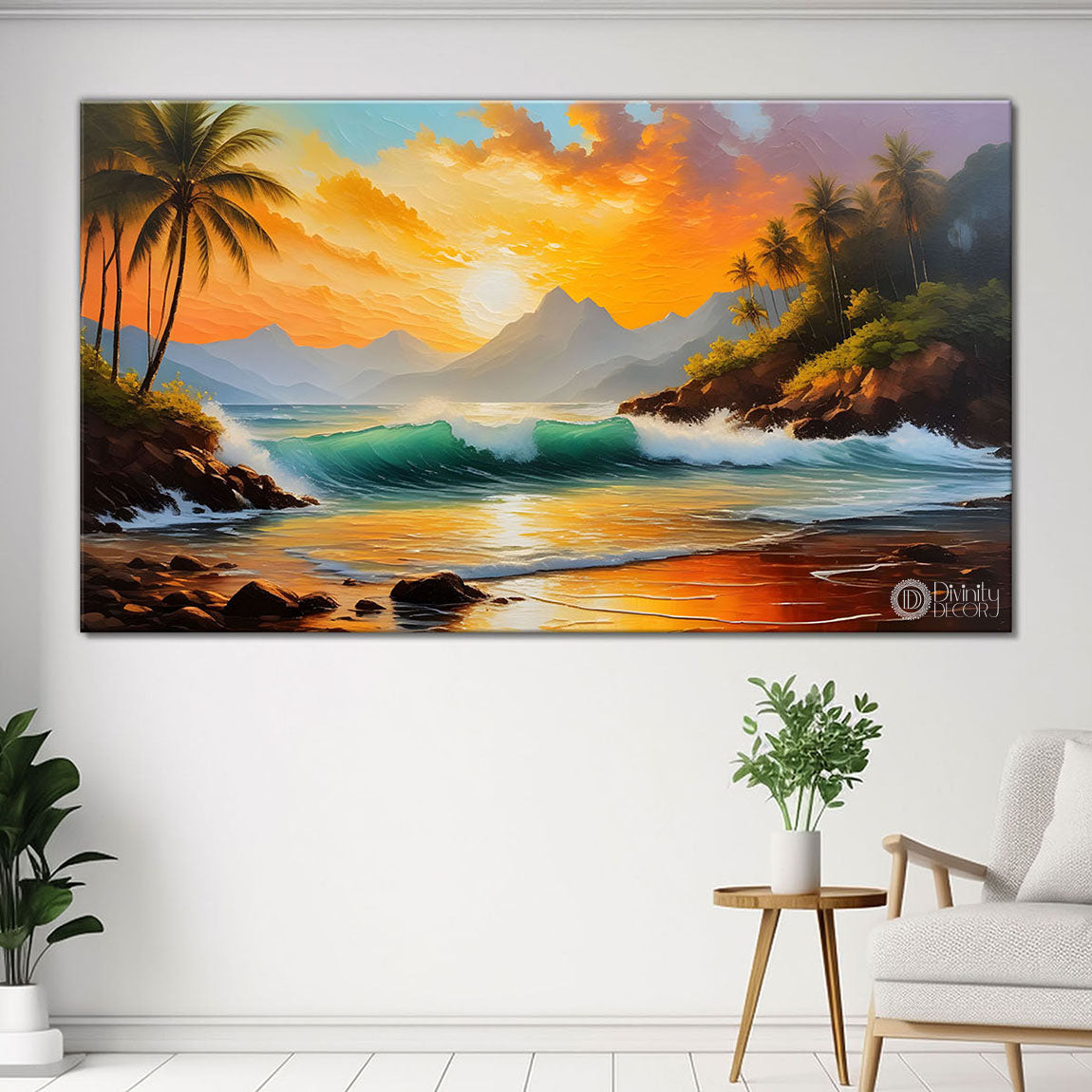Mountains with river and tree in sunrise painting Canvas Painting - Nature Art -413