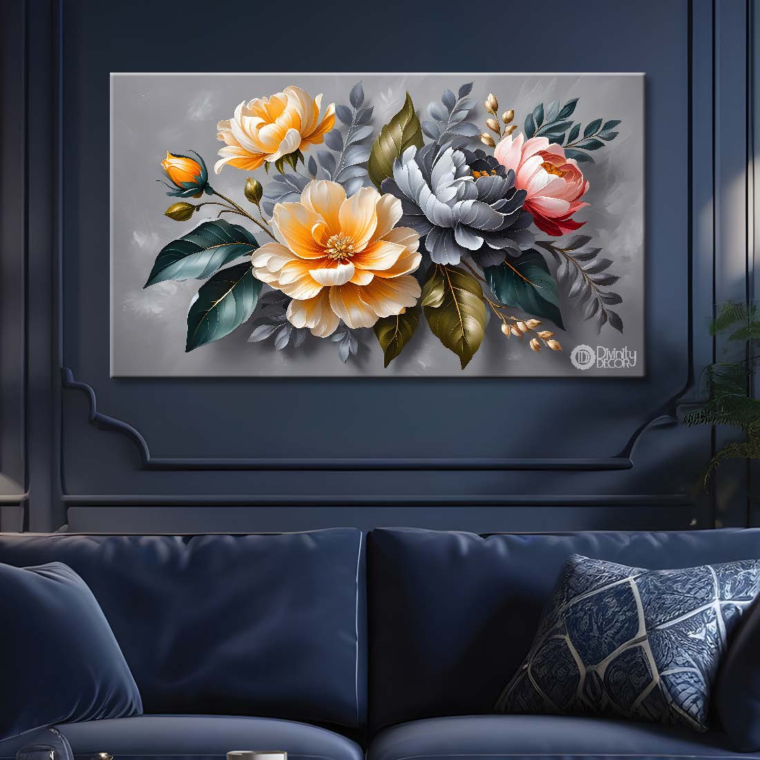 Colorful flowers in grey background canvas painting- Flower-413