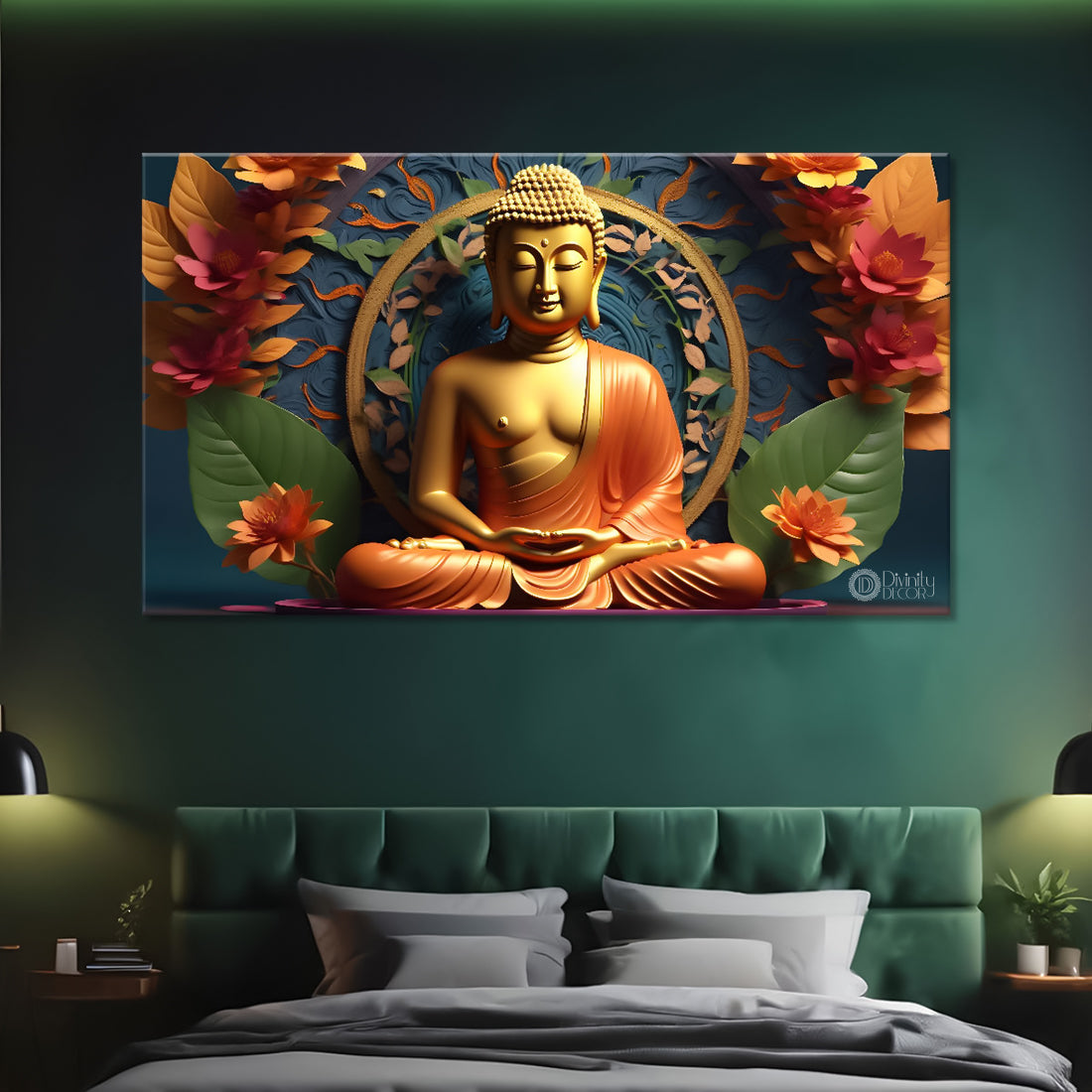 Golden buddha with orange and lotus background textured painting Canvas Wall Painting - Buddha-414