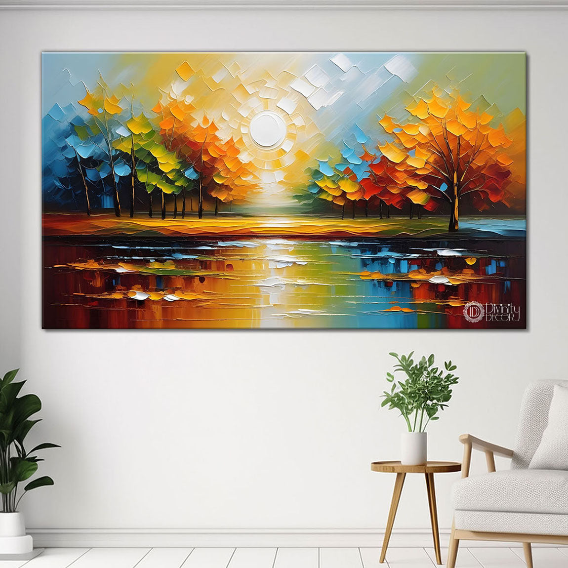 Colorful trees with river painting Canvas Painting - Nature Art -414