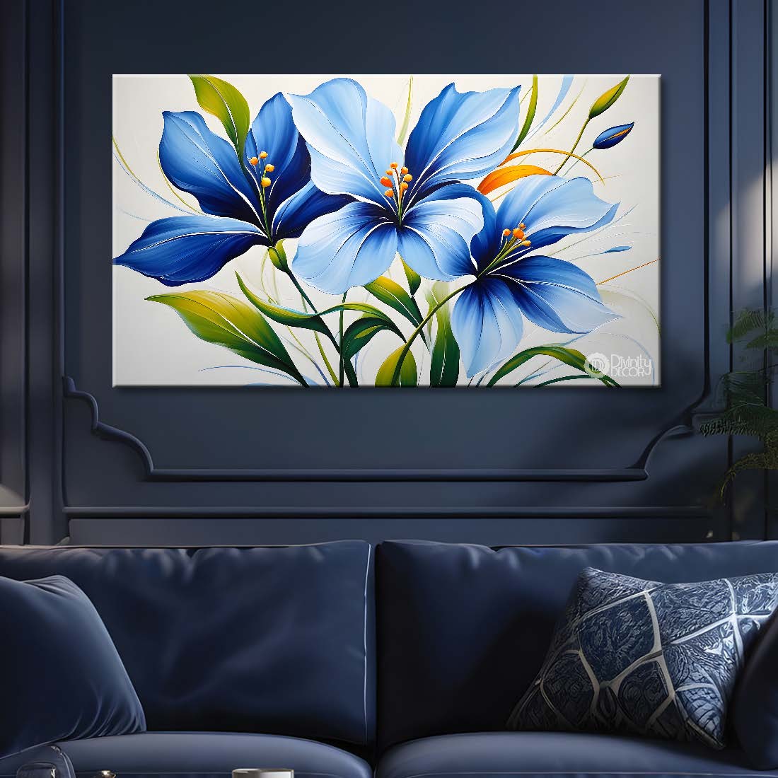 Blue flowers in light background canvas painting- Flower-414