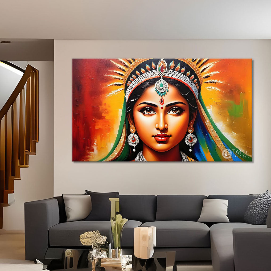 Tribal lady with bright background textured art Canvas Painting - Design - Modern-L-414