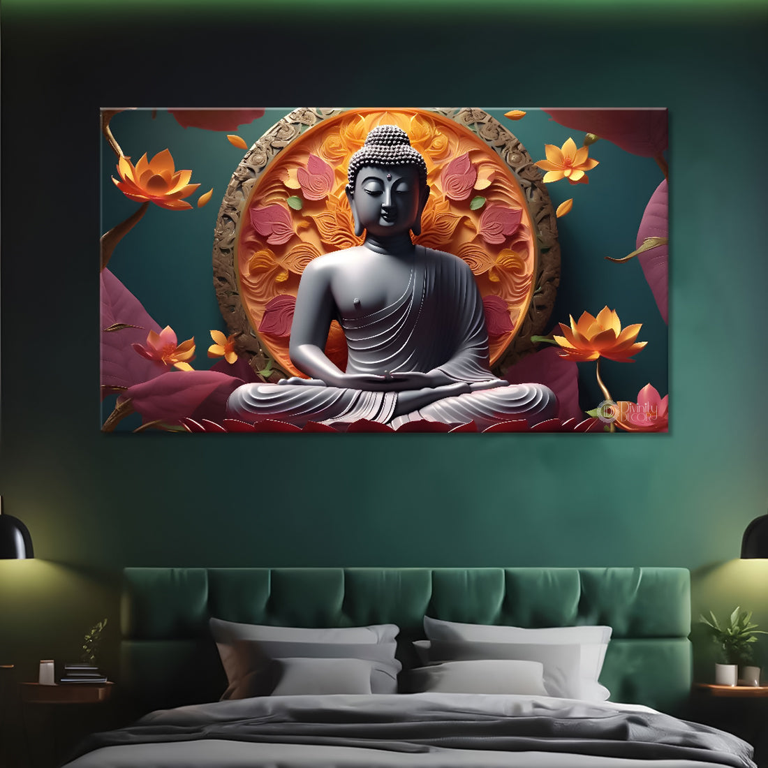 Buddha with orange and lotus background textured painting Canvas Wall Painting - Buddha-415