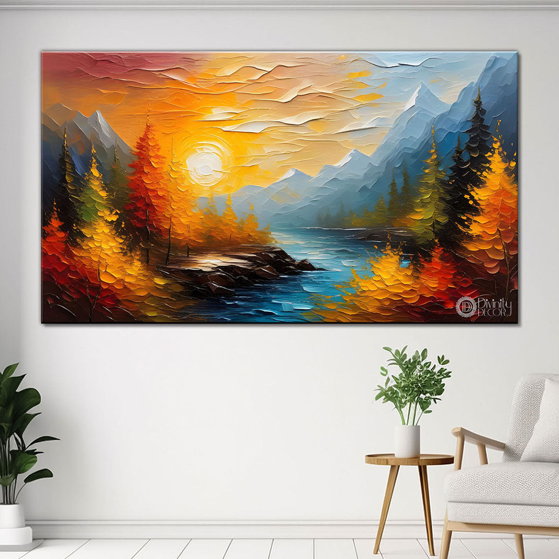 Mountains with orange trees and lake in textured natural art Canvas Painting - Nature Art -415