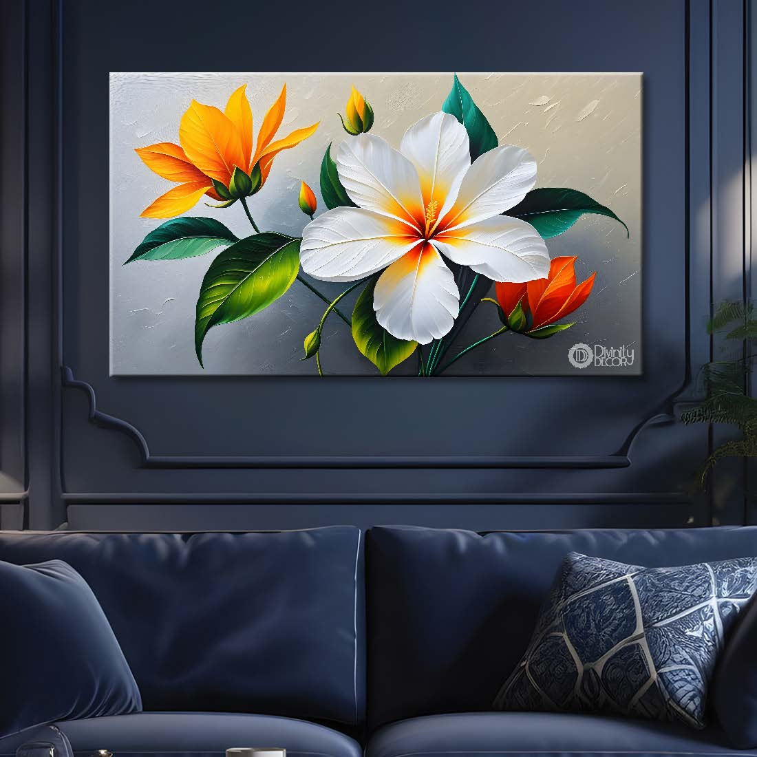 White and yellow flowers in grey background canvas painting- Flower-415