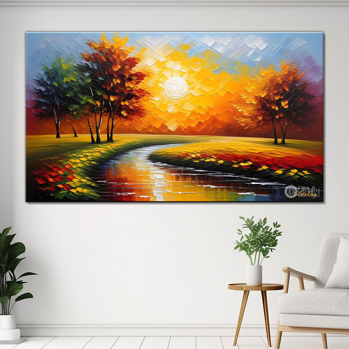 Trees and lake with sunset painting Canvas Painting - Nature Art -416