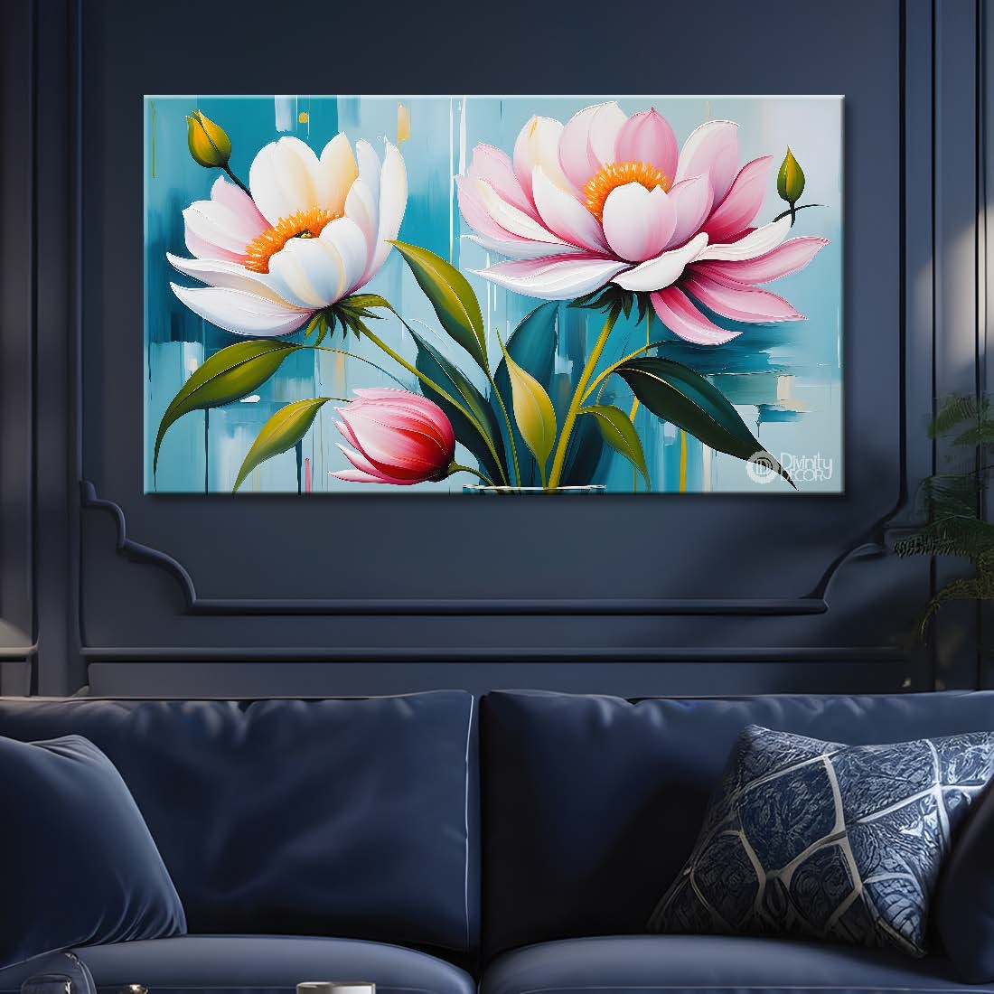 Pink flowers in blue background canvas painting- Flower-416