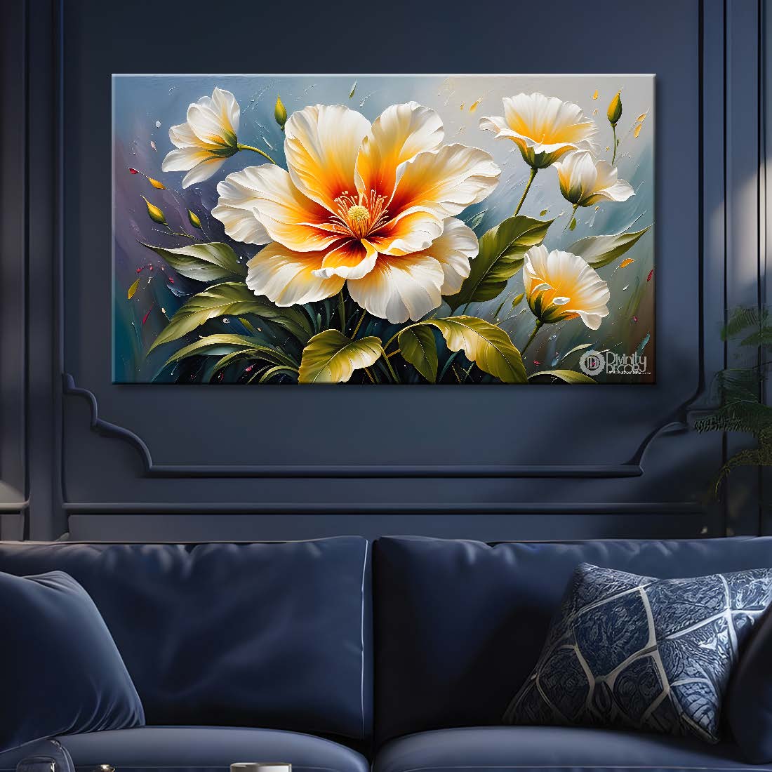 White flowers in grey background canvas painting- Flower-417