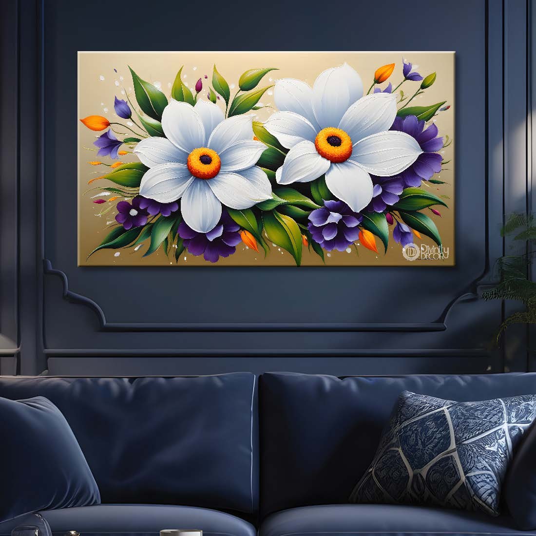 White flowers in light background canvas painting- Flower-418