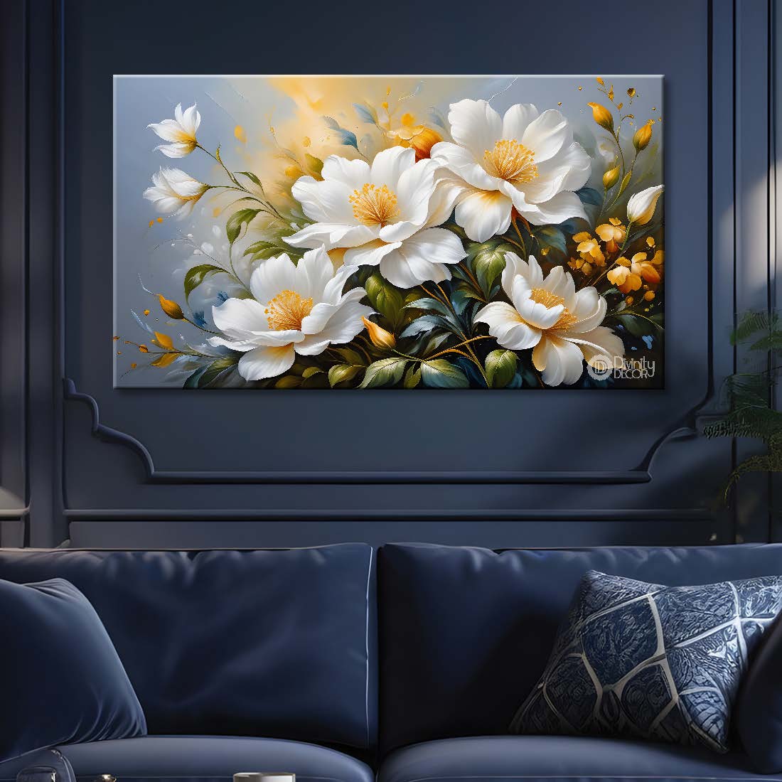 White flowers in grey background canvas painting- Flower-419