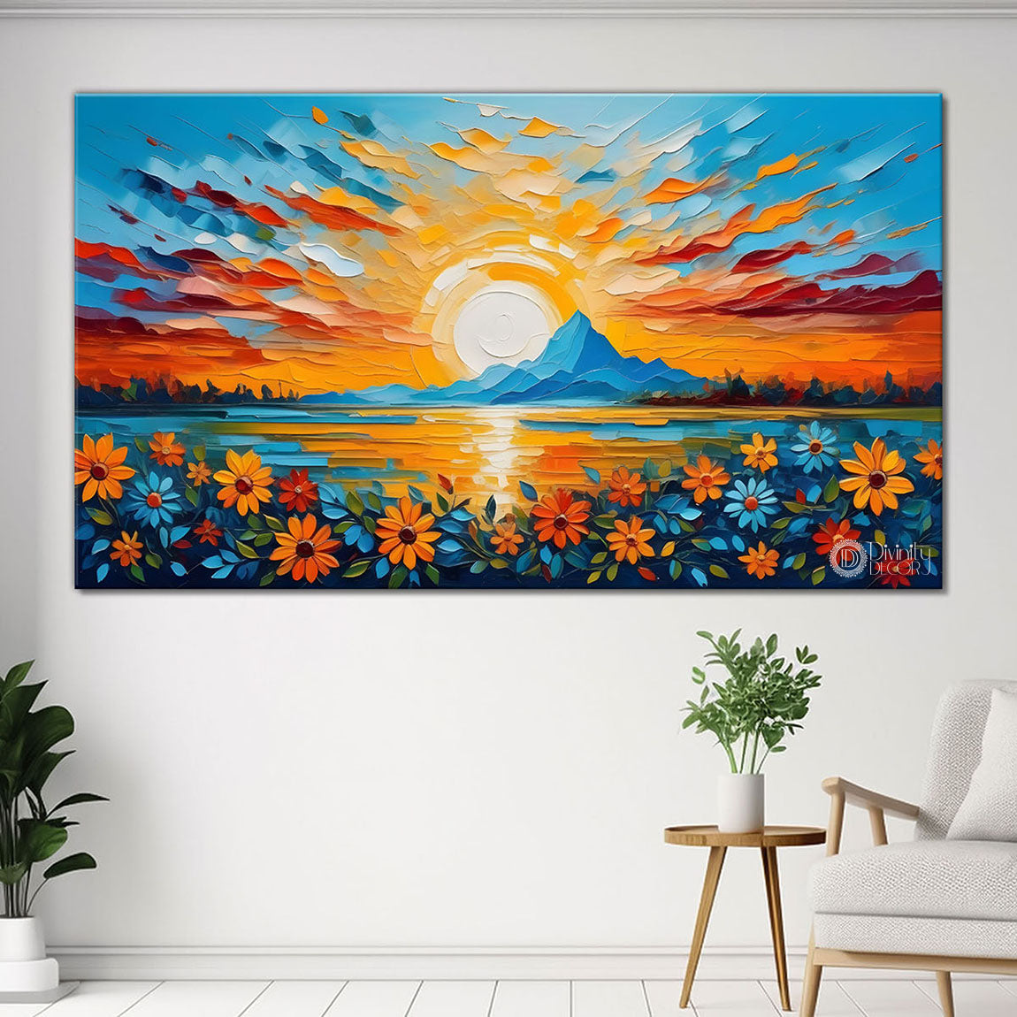 Mountains and flowers with sunrise painting Canvas Painting - Nature Art -419