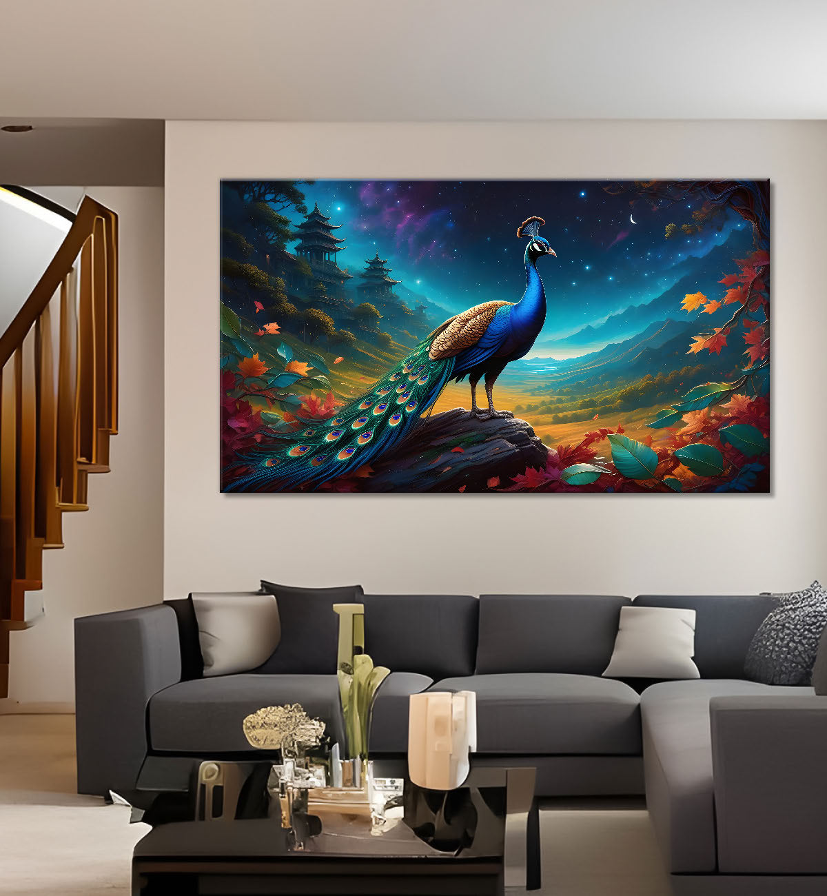 Peacock in blue color background oil painting Canvas Painting - Design - Peacock-41