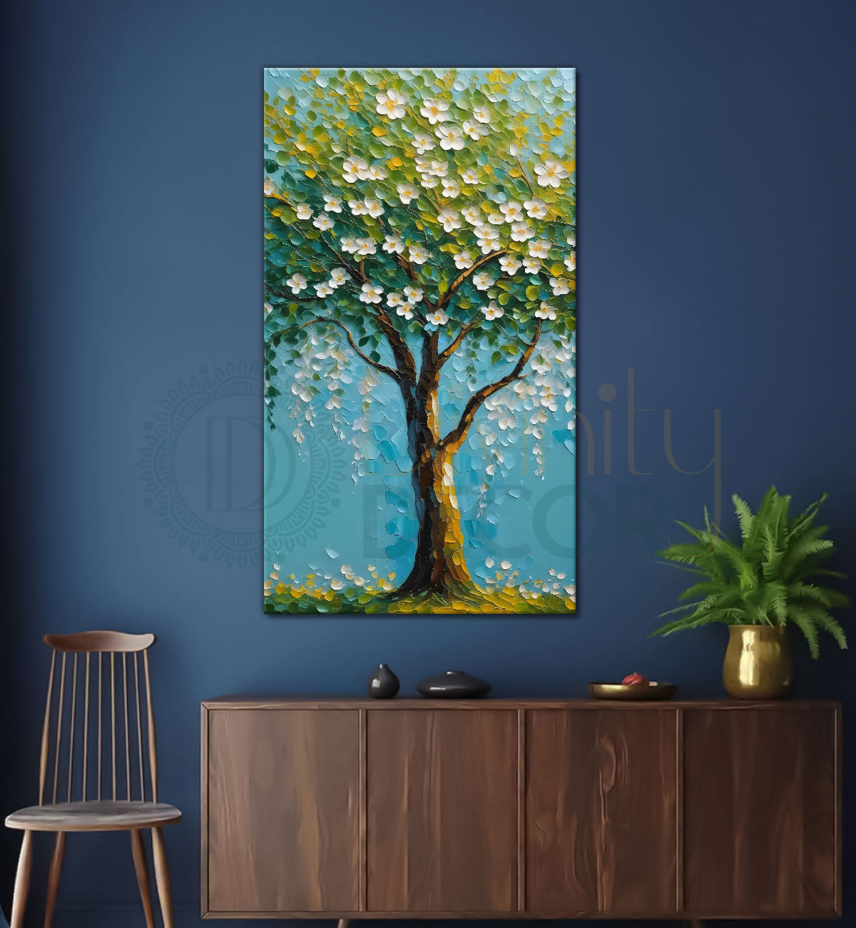 White flowers tree in textured oil painting Canvas painting - Tree-V-41