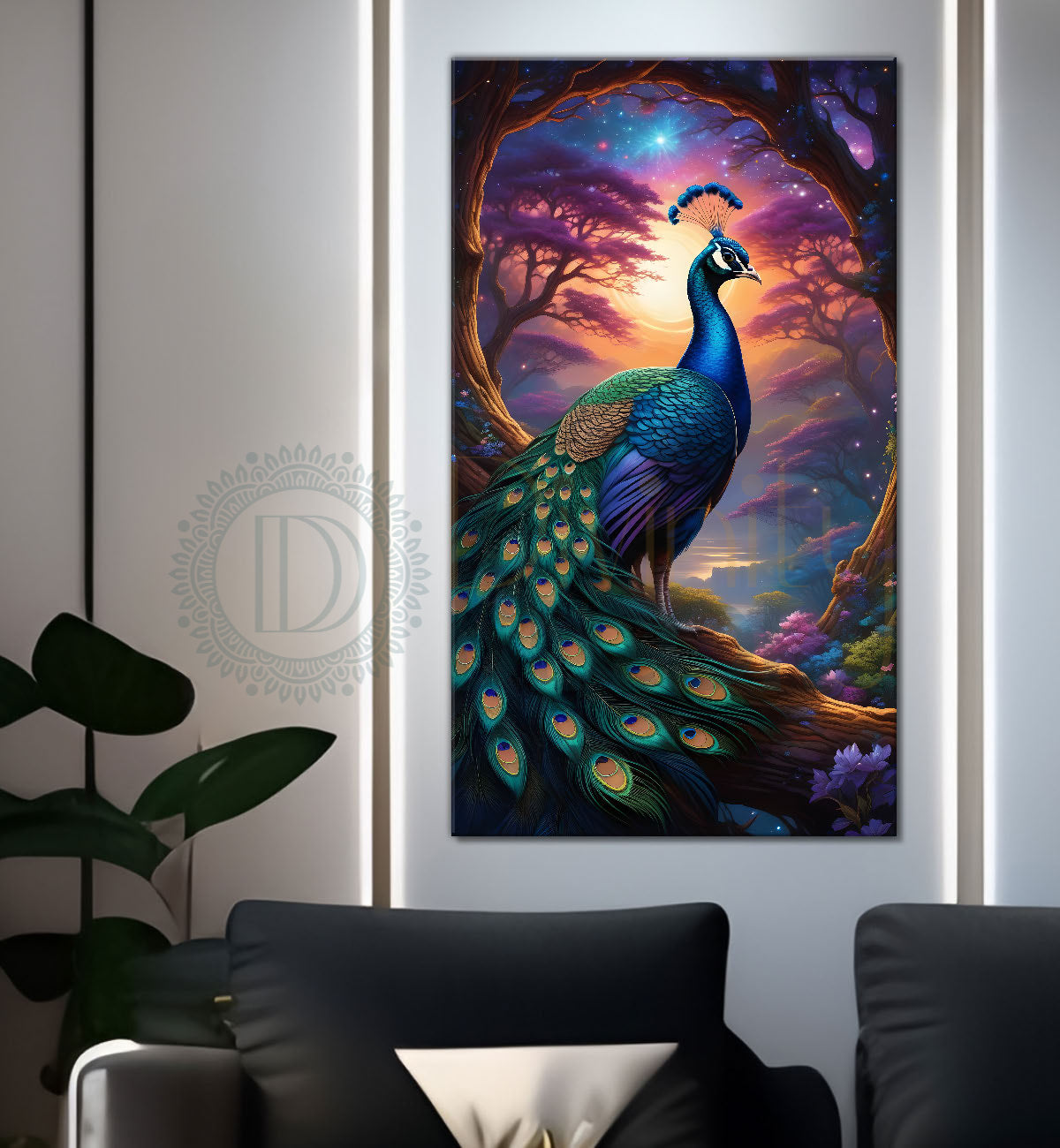 Peacock on branch in front of moon with purple background modern art painting  - Design - Peacock-V-41