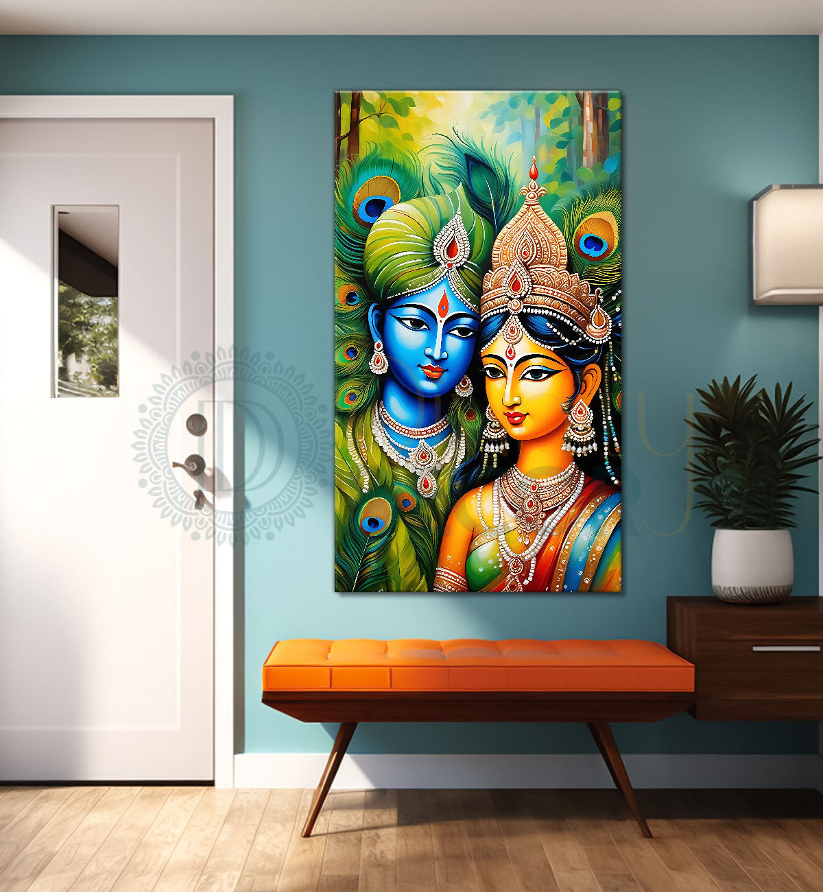 Blue face of krishna with radha in peacock feathers background textured art Canvas Painting - Design - Krishna-V-41