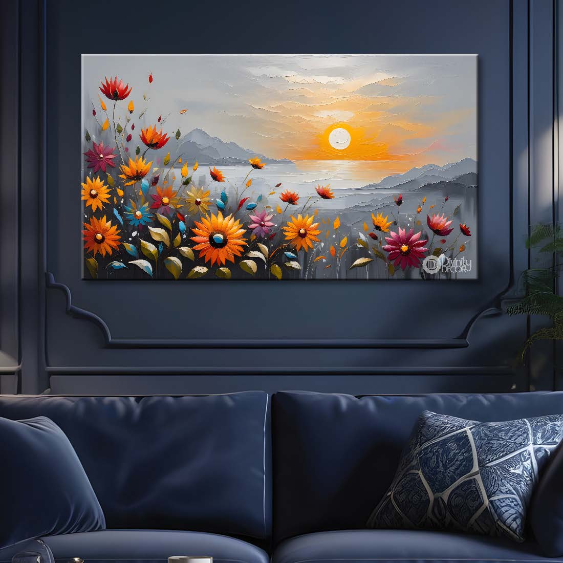 Orange flowers with the sunset and river textured painting canvas painting- Flower-420
