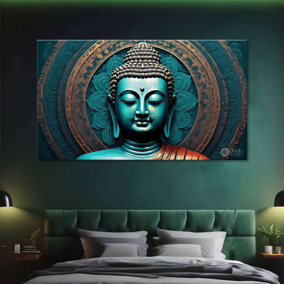 Green face buddha textured painting Canvas Wall Painting - Buddha-421