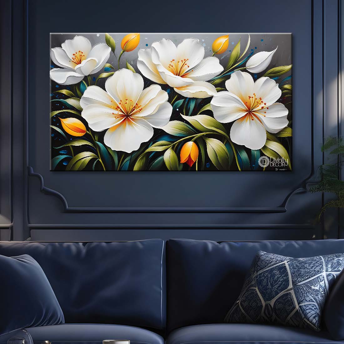White flowers in grey background canvas painting- Flower-421