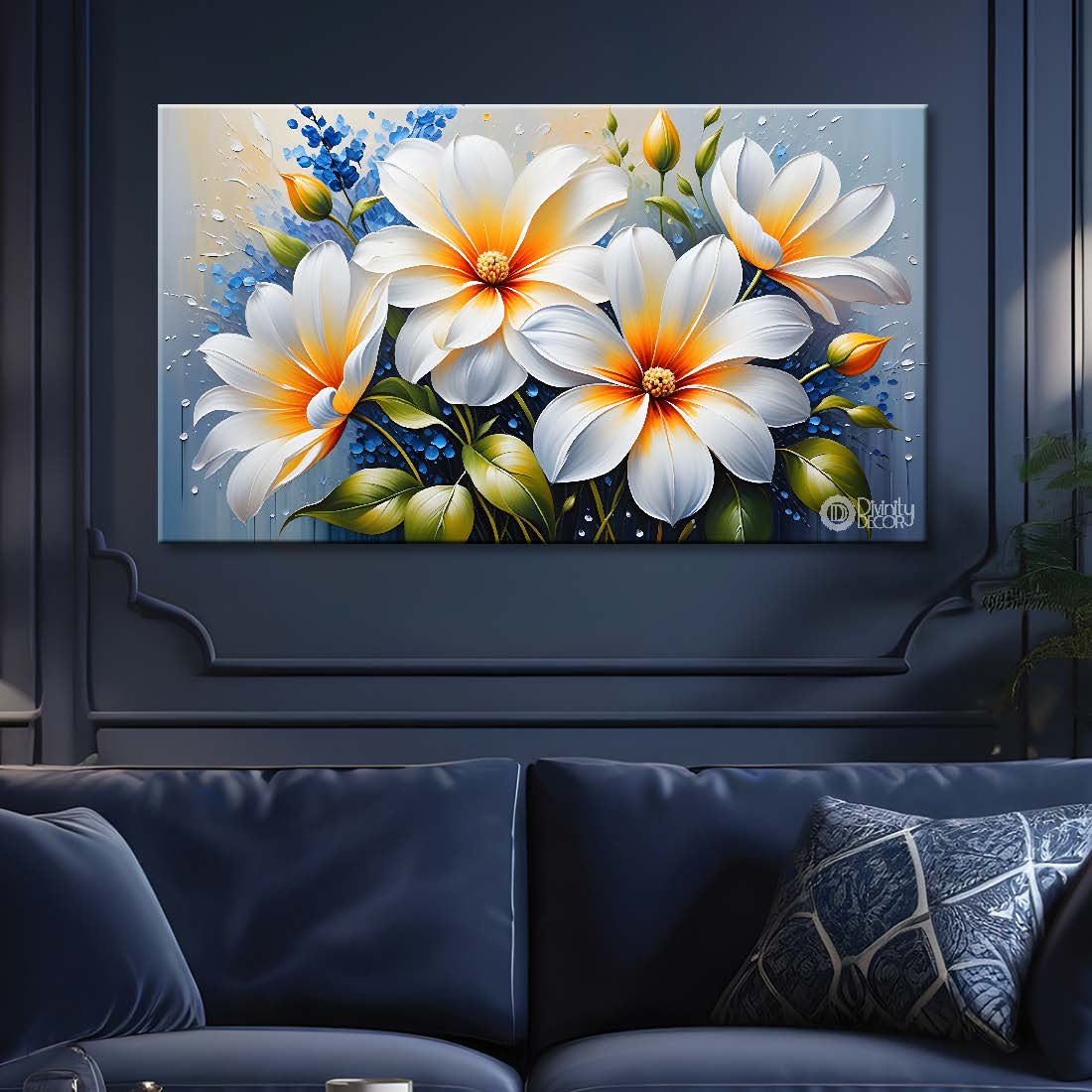 White flowers in blue background canvas painting- Flower-422
