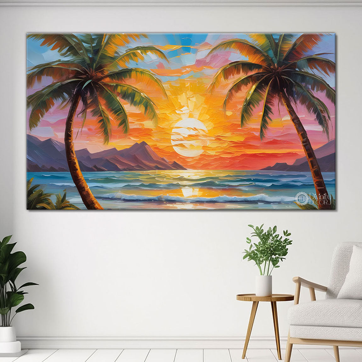 Trees with sea and mountains painting Canvas Painting - Nature Art -423