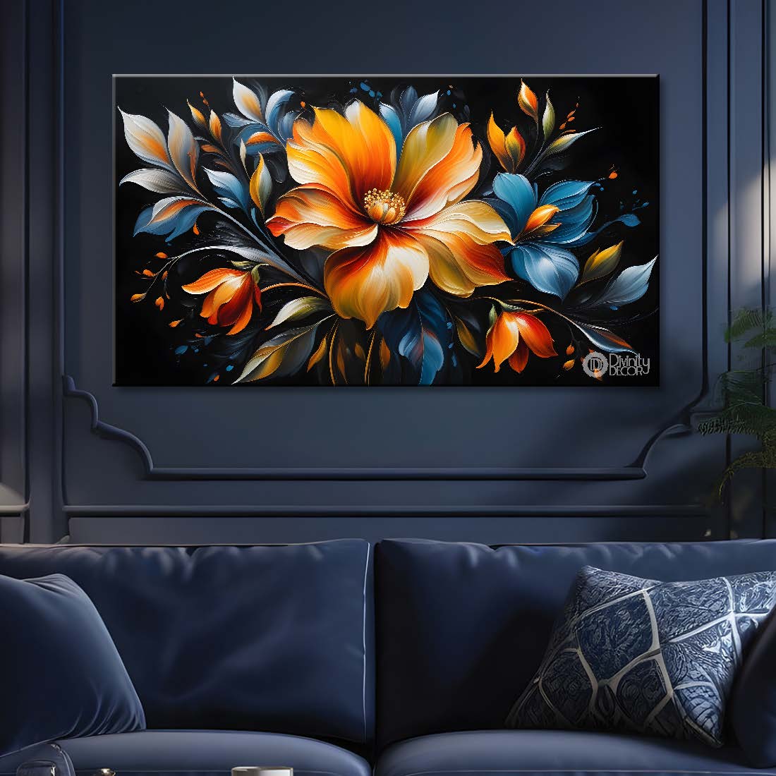Orange flowers in black background canvas painting- Flower-423