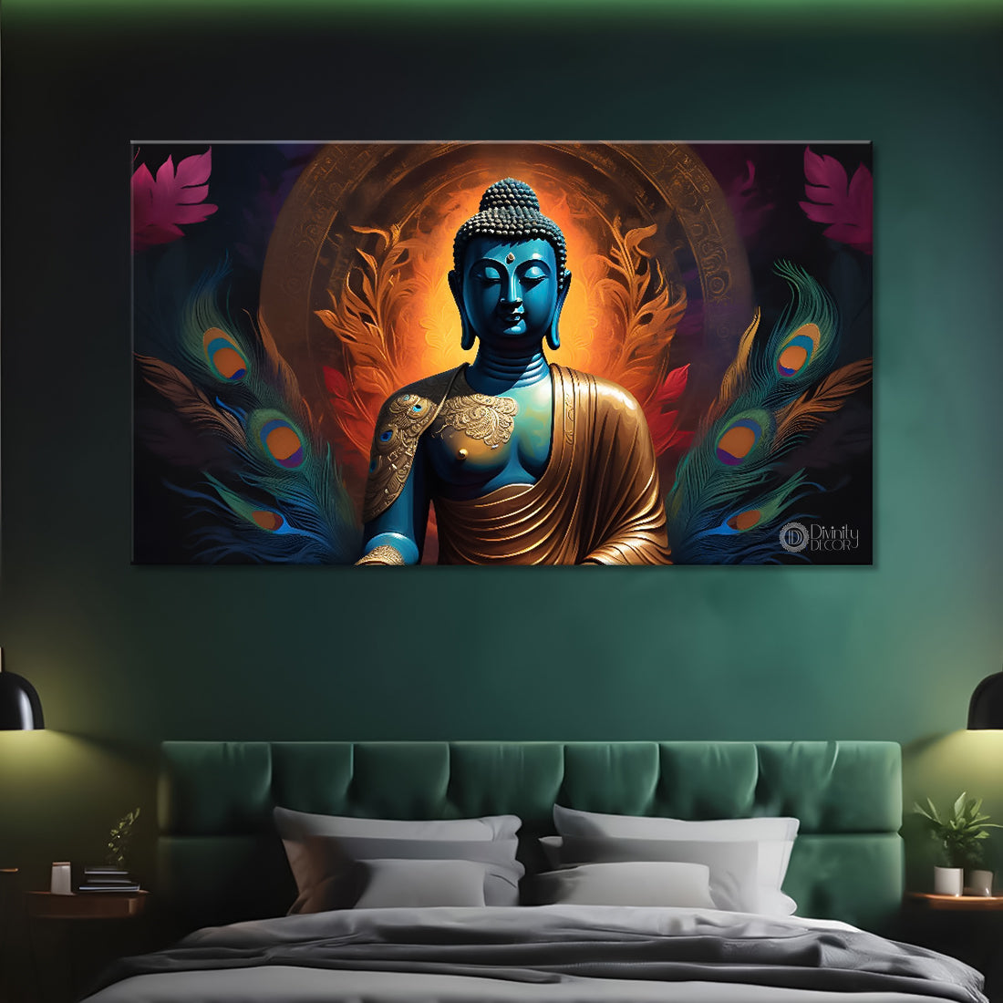 Blue buddha with the peacock feathers background textured painting Canvas Wall Painting - Buddha-424