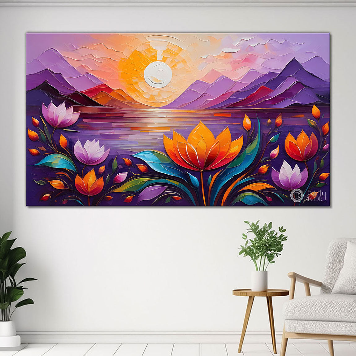Mountains and flowers with sunrise painting Canvas Painting - Nature Art -424
