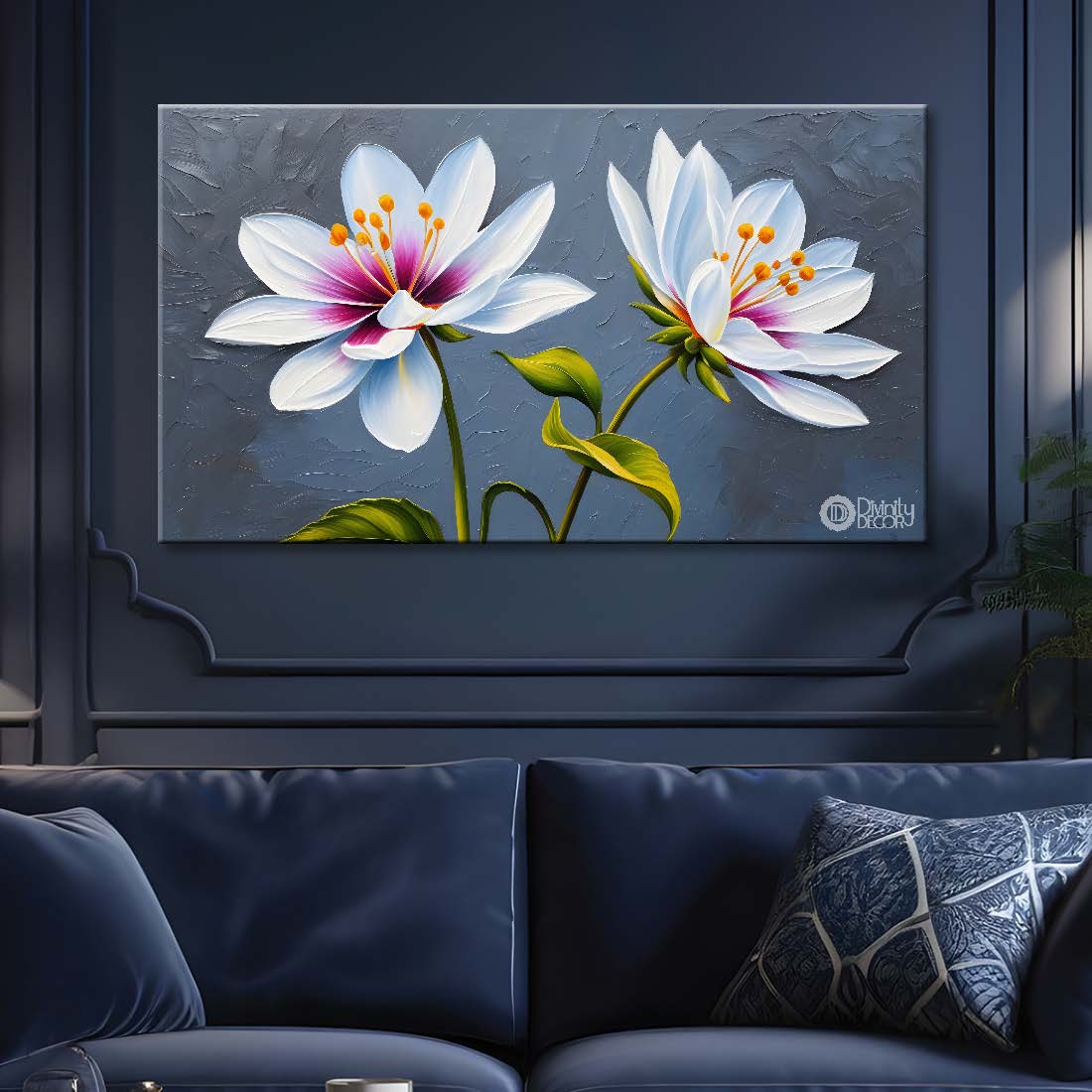 White flowers in grey background canvas painting- Flower-424