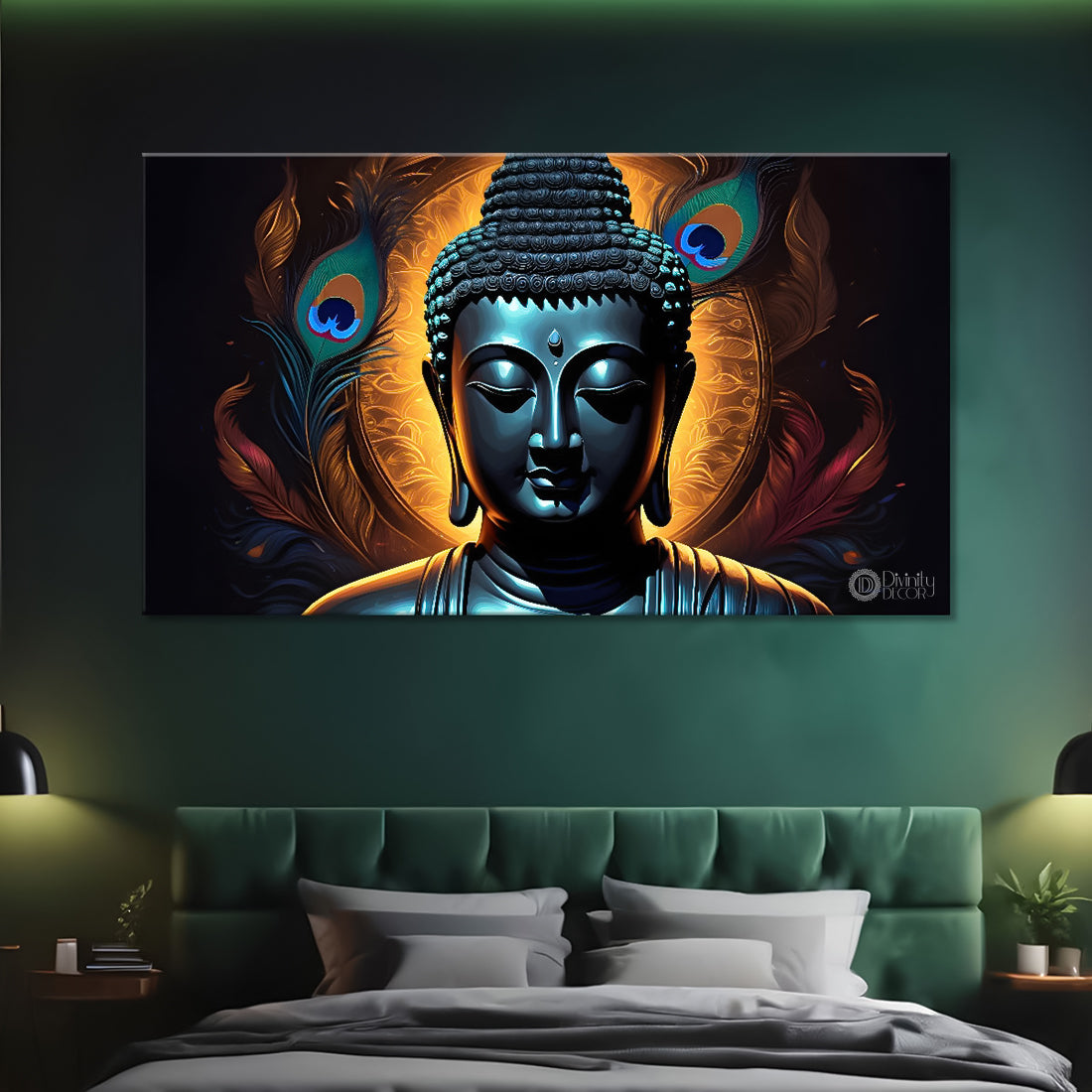 Blue buddha with the peacock feathers background textured painting Canvas Wall Painting - Buddha-425