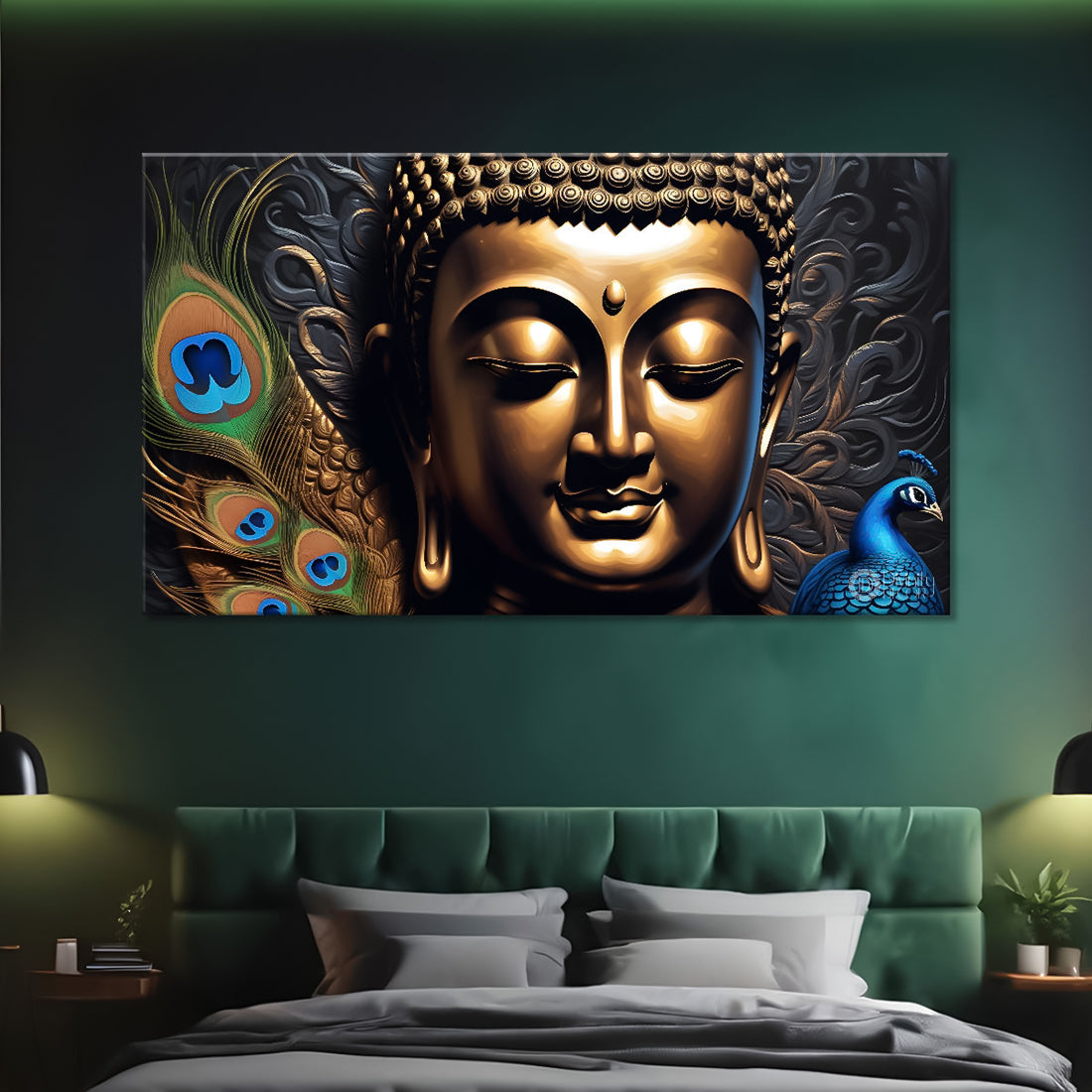 Golden buddha with the peacock feathers background textured painting Canvas Wall Painting - Buddha-426