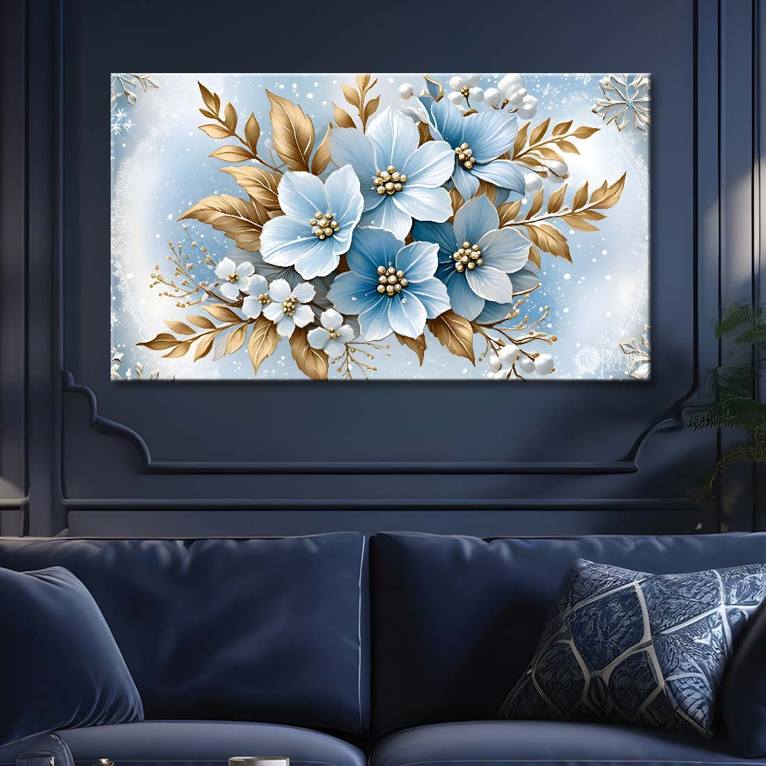 Blue flowers in blue background canvas painting- Flower-426