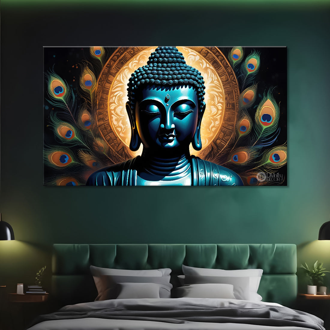 Blue buddha with the peacock feathers background textured painting Canvas Wall Painting - Buddha-427