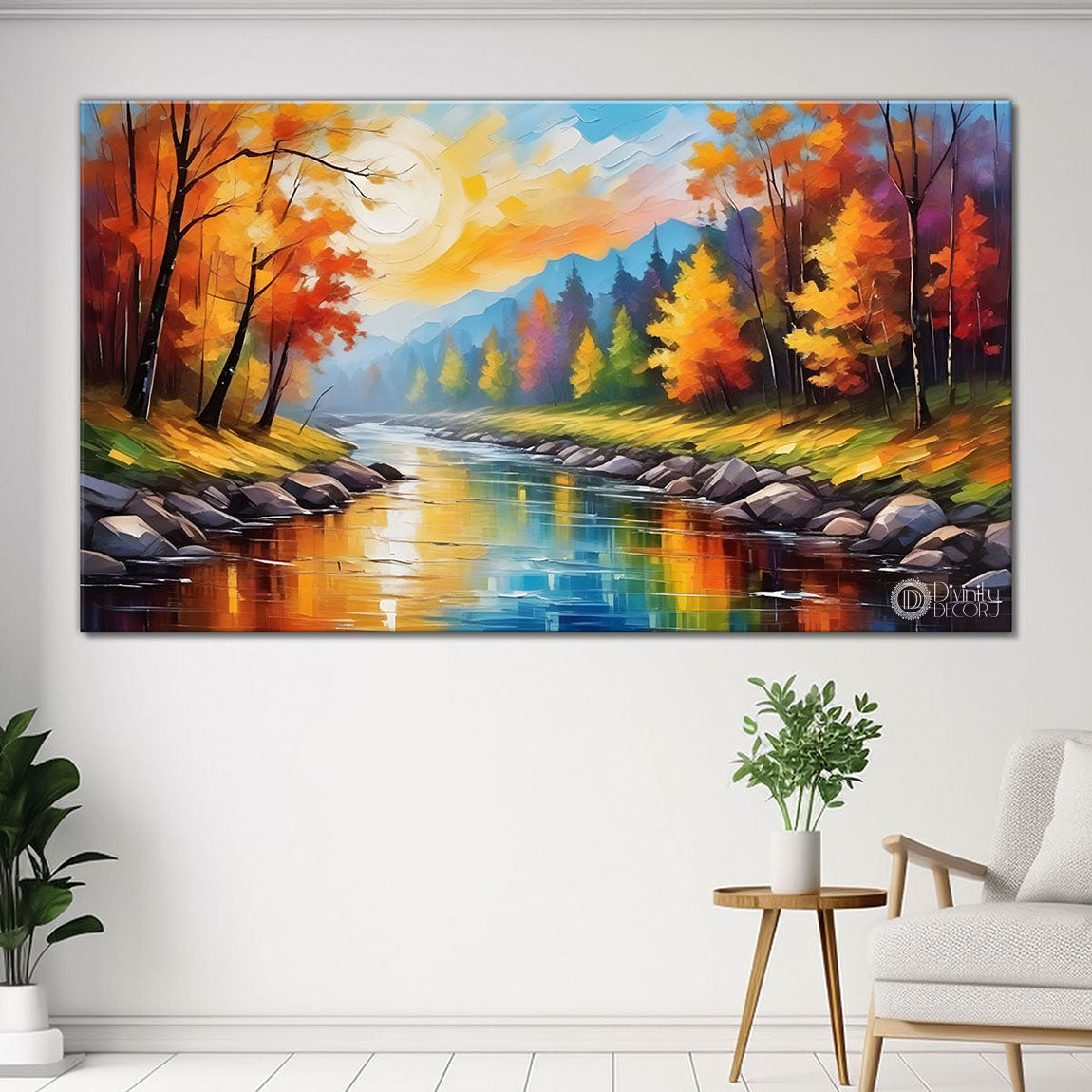 Orange trees with lake and mountains painting Canvas Painting - Nature Art -427