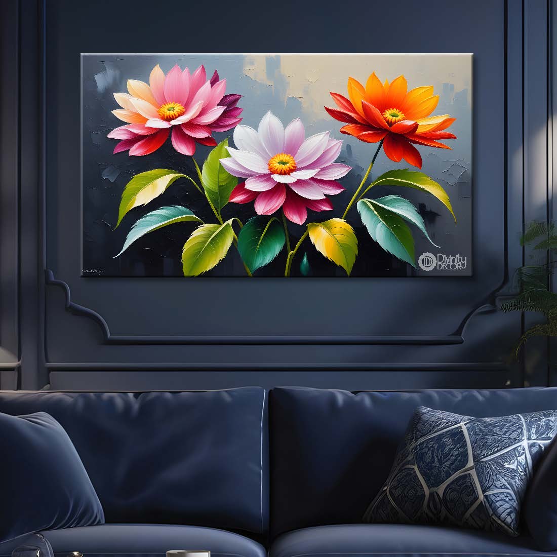 Pink flowers in grey background canvas painting- Flower-427