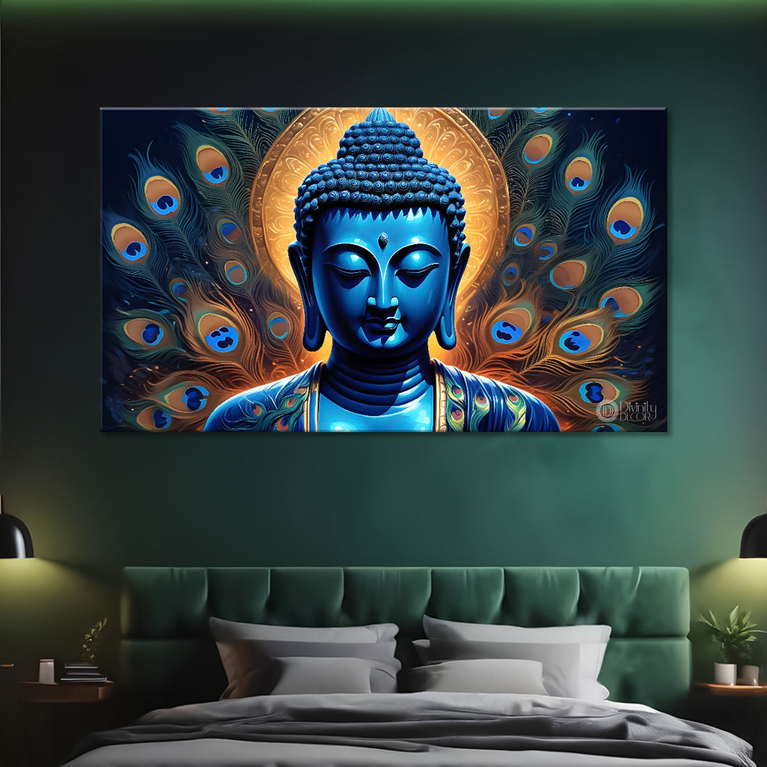 Blue buddha with the peacock feathers background textured painting Canvas Wall Painting - Buddha-428