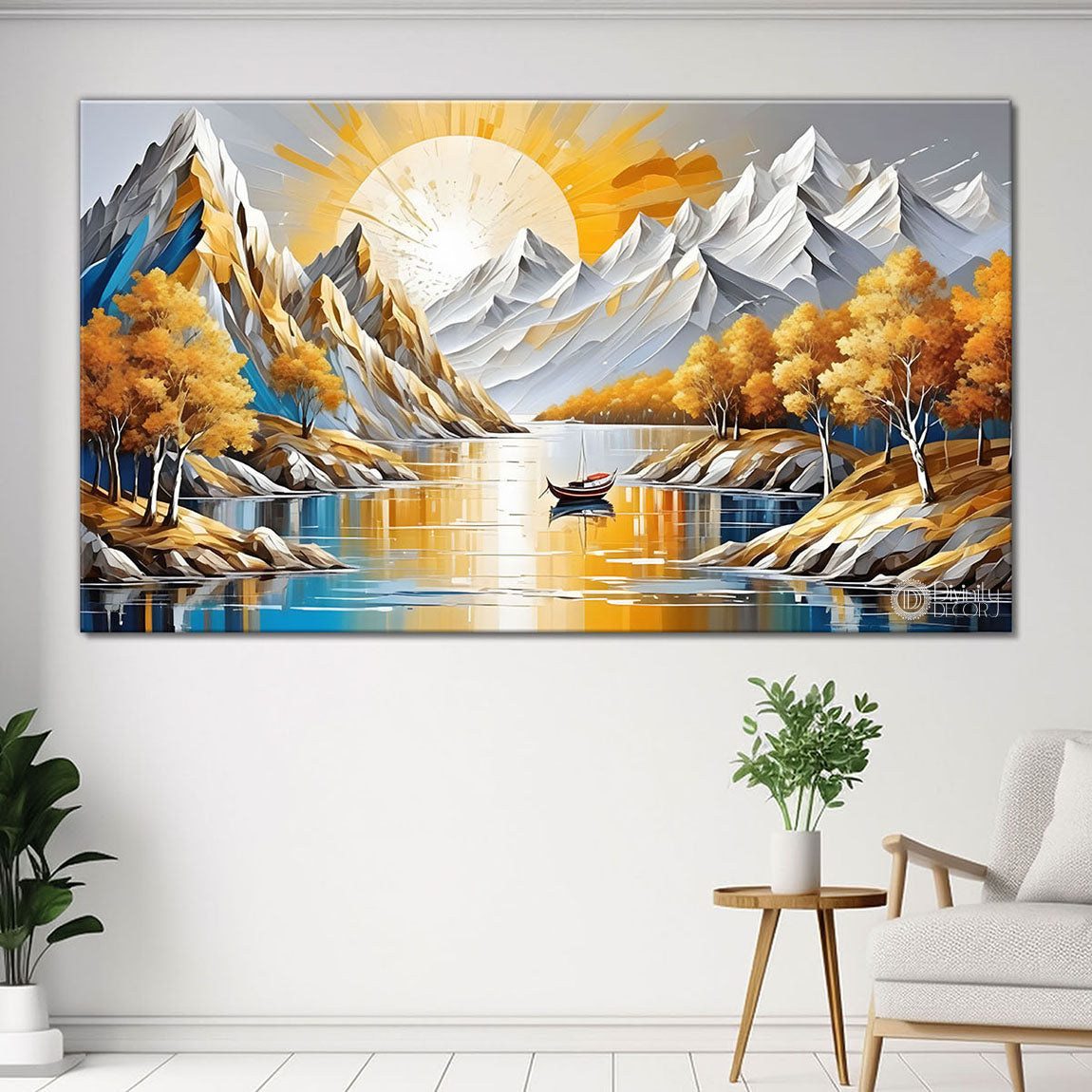 White mountains with sun and tree painting Canvas Painting - Nature Art -428
