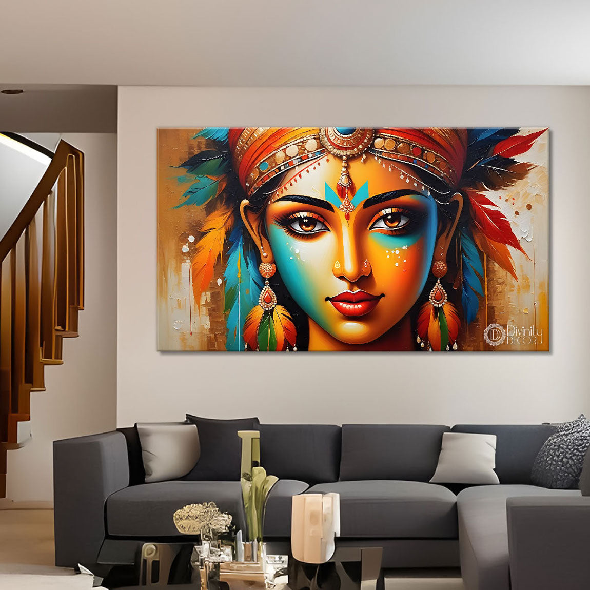 Tribal lady with bright background textured art Canvas Painting - Design - Modern-L-428