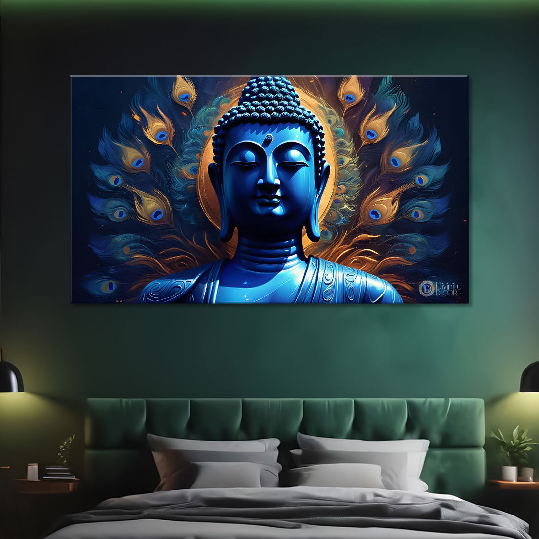 Blue buddha with the peacock feathers background textured painting Canvas Wall Painting - Buddha-429