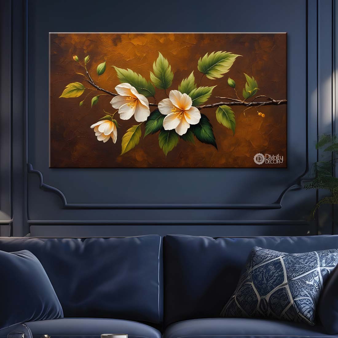 White flowers in brown background canvas painting- Flower-429