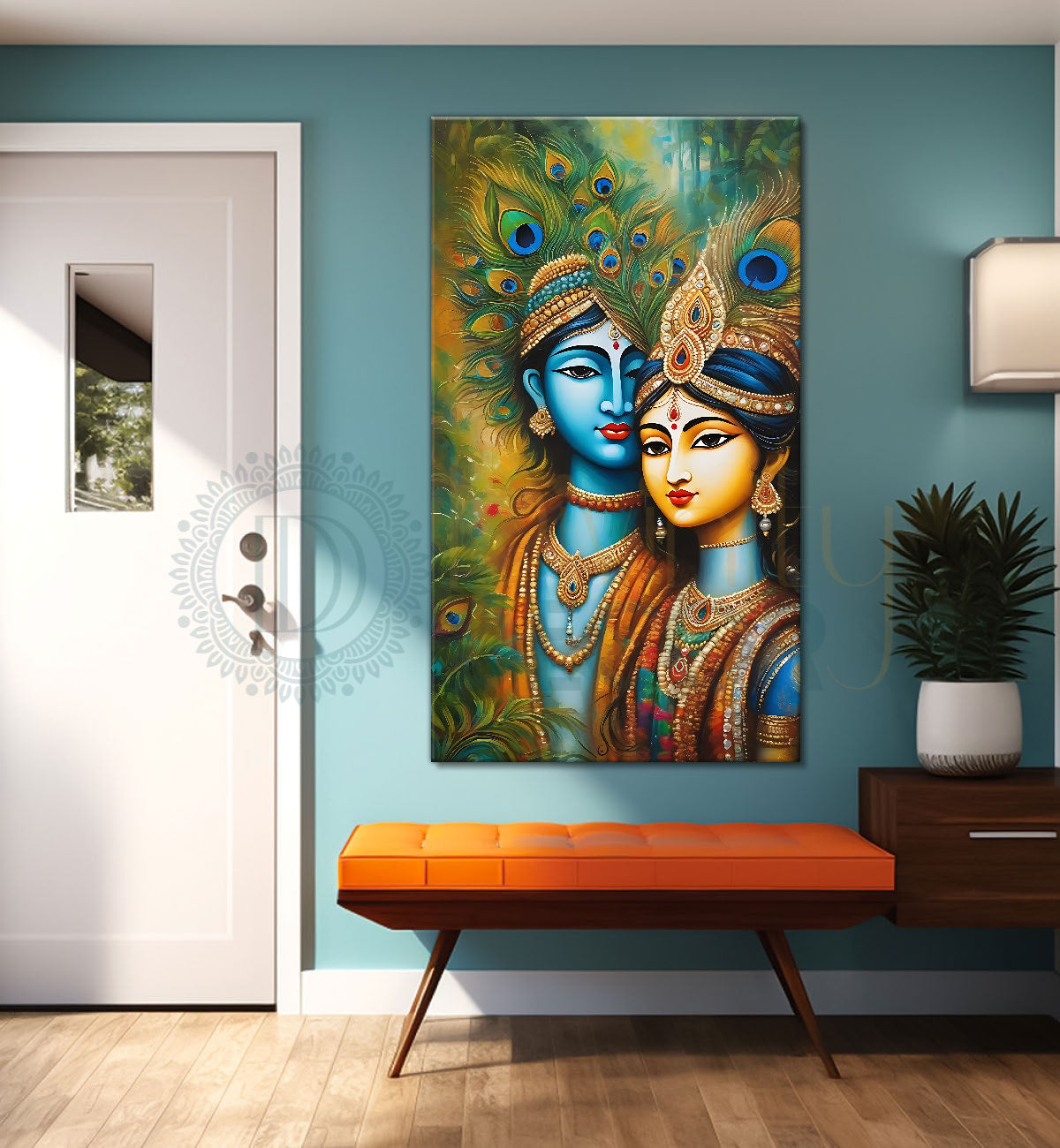 Blue face of krishna with radha in peacock feathers background textured art Canvas Painting - Design - Krishna-V-42